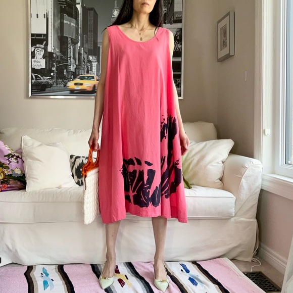 Coral A-line dress with black abstract print - Picture 1 of 10